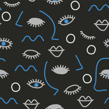 Cartoon seamless pattern with opened, closed eyes and lips in simple hand drawn style. Funny isolated doodles. Abstract hand drawn shapes, ink textures. Creative fashion fabric.