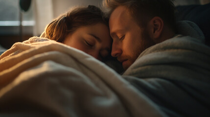 man and woman snuggled up in a blanket, cuddling and togetherness, young adults,