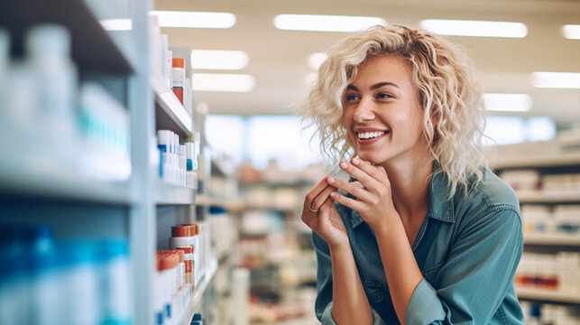 young adult woman in a pharmacy or supermarket with medicines and vials on the product shelf, hygiene items or medical products