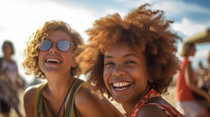 two young joyful women on the beach, touristic, tourists having fun, fictional place