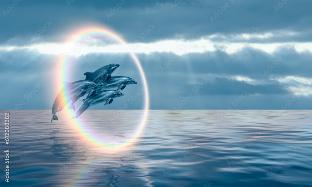 Poster group of dolphins jumping up from the sea amazing sunset in the background with rounde rainbow