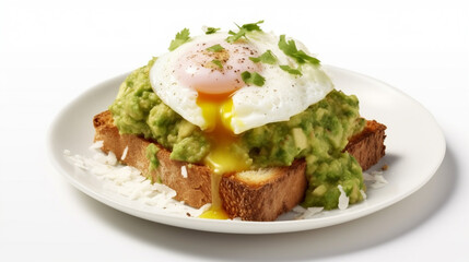 toast with egg and guacamole isolated on white, on plate with rice