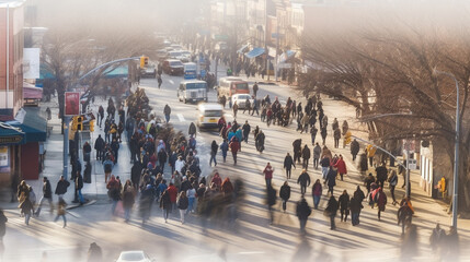 Fototapeta premium abstract, cityscape, people on the streets of a big city, infrastructure and vehicles, people in motion, motion blur, fictional location