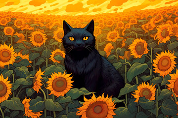 A black cat sitting in a field of sunflowers. Generative AI