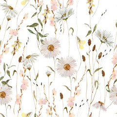 Watercolor delicate wildflowers, daisy, herbs floral seamless pattern. Blooming meadow tile. Hand drawn elegant, botanical background. Repeatable texture, wrapping paper,wallpaper, fabric, textile