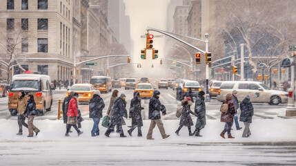 winter and snow, abstract, cityscape, people on the streets of a big city, infrastructure and vehicles, people in motion, motion blur, fictional location