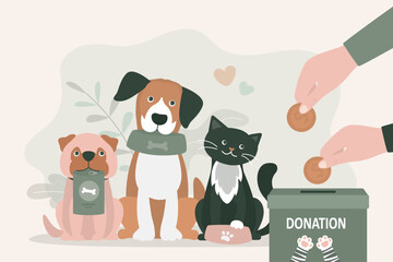 Adorable pets holds empty bowls. Volunteering and assistance to animals. Hands putting coins into donation box. Money and food donation for pets. Feed for homeless dogs and cats