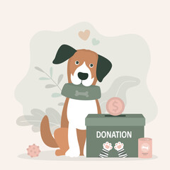 Adorable dog holds empty bowl. Volunteering and assistance to animals. Fundraising, Donation for pets. Feed and accessories for homeless dogs and cats. Box for money donation.