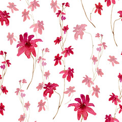 Watercolor floral blurred seamless pattern. Hand drawn pink, magenta blooming wildflowers, botanical background. Repeatable wrapping paper, fashion, wallpaper, scrapbooking, fabric, paper, textile