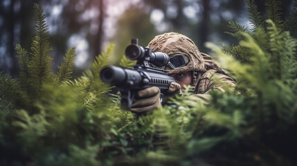 a soldier with a helmet and uniform at war or on a mission with a rifle with a scope and a silencer in a bush in a forest, fictional location, ready to fire