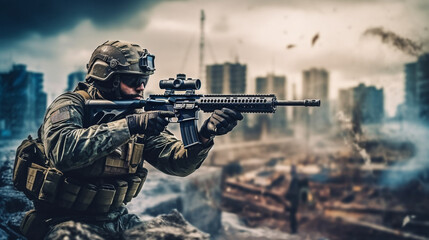 a soldier with a helmet and uniform at war or on a mission with a rifle with a scope on a high position in a abandoned big city, fictional location, ready to fire, war - obrazy, fototapety, plakaty