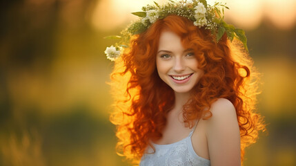 Fototapeta premium young adult woman, caucasian, with headdress, flowers and plants as decoration, mother nature or goddess or princess of nature and environment, fictional location