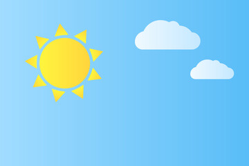 Shiny sun and clouds on blue sky background. Vector illustration.