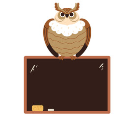 Owl teacher standing near blackboard education school concept. Vector graphic design illustration