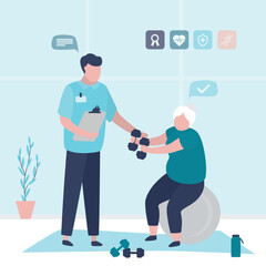 Physiotherapist rehabilitates an elderly patient. Physiotherapy, injury recovery. Aged woman doing exercises on fit ball with rehabilitation doctor. Physiotherapy center,