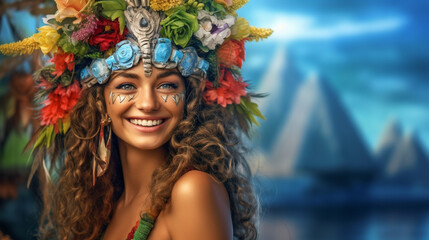 Fototapeta na wymiar creative of a young woman with floral decoration on her head, goddess of spring or goddess of plants and flowers, a young woman as a princess at the beach, vacation and beauty