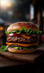 Hamburger on a Wooden Table, Generative AI