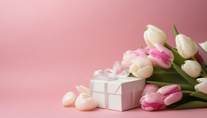 Happy mothers Day concept. Top view of white and pink tulip flowers on pink pastel background. Flat lay. Generative AI