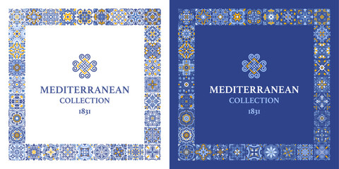 Square frame template with azulejo mosaic tile pattern, blue, white, yellow colors, floral motifs. Mediterranean, Portuguese, Spanish traditional vintage style. Vector illustration - obrazy, fototapety, plakaty