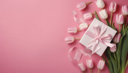 Happy mothers Day concept. Top view of white and pink tulip flowers on pink pastel background. Flat lay. Generative AI