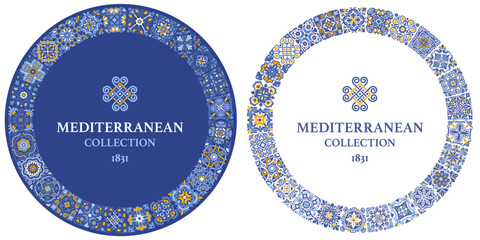 Round frame template with azulejo mosaic tile pattern, blue, white, yellow colors, floral motifs. Mediterranean, Portuguese, Spanish traditional vintage style. Vector illustration