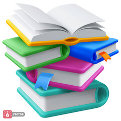 Books stack with bookmarks, color covers and open book on the top. Online education concept. Isolated on white background. 3d realistic icon, vector illustration