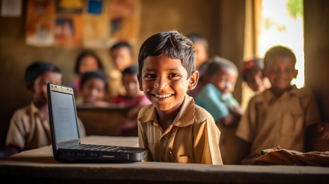child with outdated computer laptop notebook in elementary school, fictional location