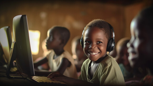 child with outdated computer laptop notebook in elementary school, fictional location
