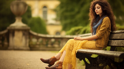 young caucasian woman on a park bench, outdoors at the end of the day or weekend or free time, small town flair, sittin
