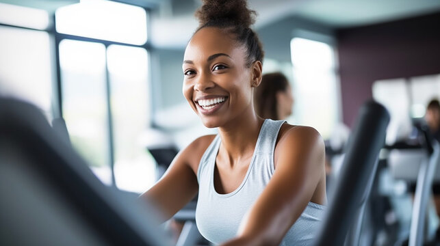 young african american woman in gym, treadmill, in the background other visitors exercising and fitness training
