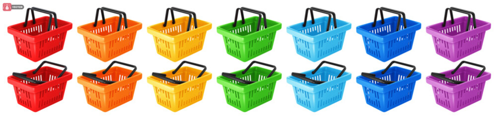 Empty shopping basket icons set. Realistic 3d shopping cart in different colors, red, orange, yellow, blue, green, purple, isolated on white background. Vector illustration