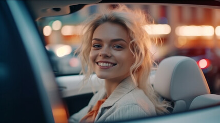 Fototapeta na wymiar young adult woman drives a modern car, interior, at the steering wheel, blonde caucasian, fun and joy, futuristic