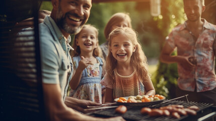 family reunions and garden parties or barbecues, barbecuing together in the garden, children adults, grandma and grandpa, family and parents, generations together - obrazy, fototapety, plakaty