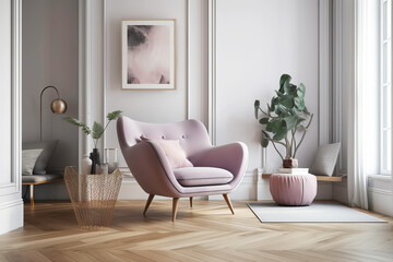 Modern living room interior with light pink armchair and gray walls. Generative AI illustration