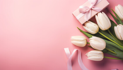 Obraz na płótnie Canvas Happy mothers Day concept. Top view of white and pink tulip flowers on pink pastel background. Flat lay. Generative AI