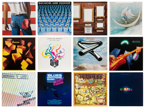 Munich, 06.01.2023: collection of isolated vintage vinyl music record covers, Bruce Springsteen, Blues Brothers, Genesis, Pogues, Aerosmith, Mike Batt, Simple Minds, Dire Straits, Mike Oldfield etc.