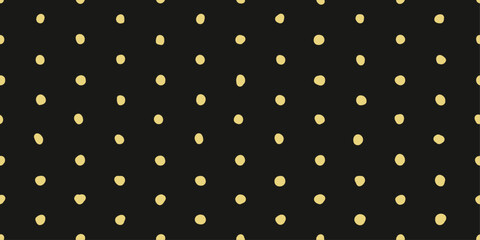 Simple casual stylish polka dots. Several curved yellow dots on a black background in a seamless pattern. Vector and stylish pattern for design and surfaces. - obrazy, fototapety, plakaty
