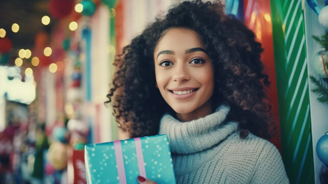 young adult woman, with a birthday or christmas present, christmas eve, anticipation and christmas mood