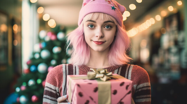young adult woman, at home, in the living room, with a christmas present, christmas eve, anticipation and christmas mood
