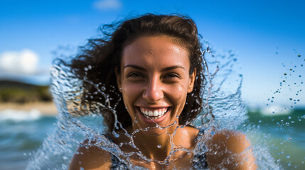 Obraz premium woman in the water on a beach or lake on vacation traveling, on a city trip, summer vacation, traveling, vacation in Europe, fictitious place