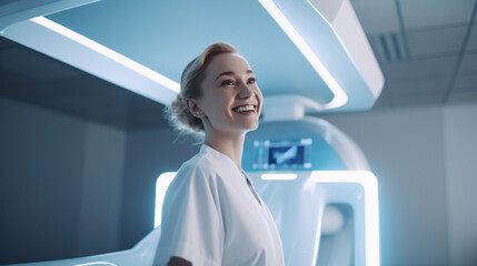 young adult woman with a chair in the hospital or dentist, fictional place, futuristic, technology and modern