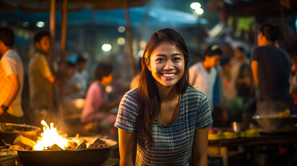 Fototapeta na wymiar night market for food and snacks, asian food market to eat directly, fictional place, sales stall saleswoman