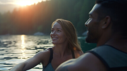 young adult man with a young woman, on the sea, kayak or stand-up paddle SUP, fictional location