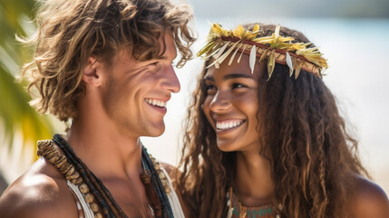 Fototapeta premium handsome adult man with a multiracial beautiful woman with flower head decoration at water on a beach, fictitious place
