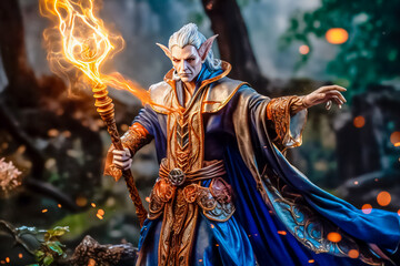 figure of a wise elf wizard with satff preparing to launch a fire spell