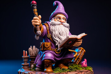 figure of a wise gnome wizard with reading a book with a wand in other hand