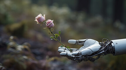 a flower plant pink pink rose and the white hand of a robot or body part of a cyborg, five 5 fingers and palm, wrist, fingernails, human-like shape and appearance abstract isolated