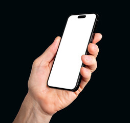 Lodz, Poland May 14 2023 hand holding iphone 14 pro smart phone mockup, screen mock-up isolated on white background