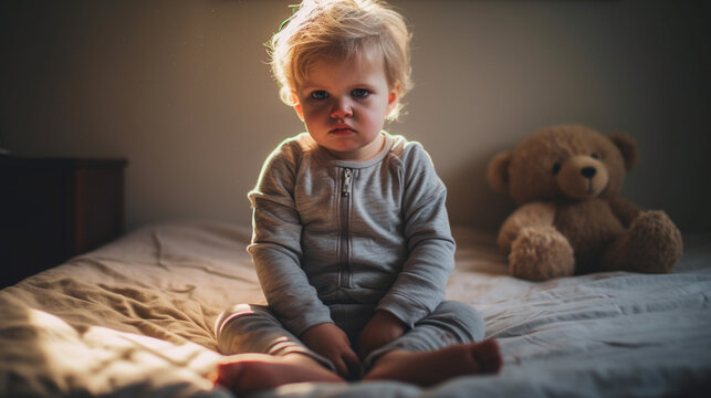 a sad almost crying toddler, boy, sitting on the bed in the children's room, sulking and being offended, sad or traumatic, drama and childhood, fictional happening