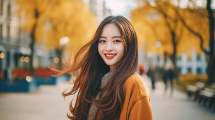 Fototapeta premium young fair skinned asian woman, light skin, in autumn in city or town, european, travel to europe, tourism and tourist, orange leaves of the trees, walking or tourist on vacation